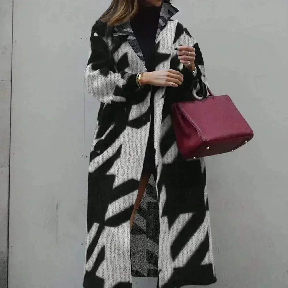 Black & White Casual Women's Contrast Color Long Sleeve Printed Knit Cardigan
